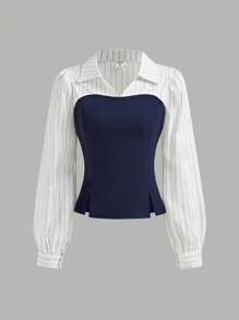 Sparklyn 2pcs/Set Teenage Girls Elegant Casual Striped Chiffon Patchwork Shirt Blouse And Black Skinny Flared Pants Set, Spring & Autumn - Royal Blue - View 3