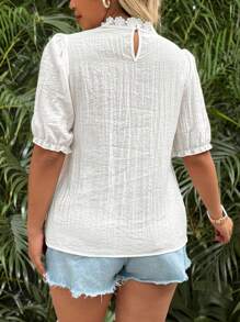 Celure Plus Size Casual Lace Patchwork Round Neck Bubble Short Sleeve Shirt, Summer