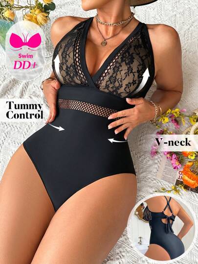 Swim DD+ 1 pieza Monokini de mujer unicolor con parches de encaje en el cuello halter