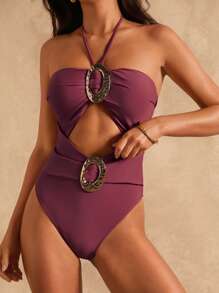 SHEIN Swim Chicsea 1 pieza Traje de baño de una pieza para mujer, unicolor y de estilo minimalista para el verano