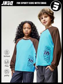 JNSQ Nouveaux sweats à capuche décontractés à manches longues pour enfants, pulls blocs de couleurs à col rond avec imprimé graphique de lettres pour enfants