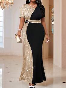 Fleurora 大码夏秋冬优雅派对婚礼酒会演唱会/音乐节彩色针织圆领美人鱼长袖连衣裙，情人节度假新年派对服装