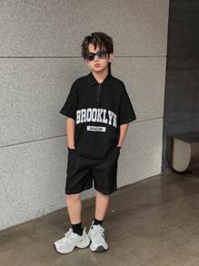 Tween Boy Casual Loose Korean Style Solid Color Letter Print Short Sleeve Polo Shirt With Drawstring Waist Shorts Set, Suitable For Spring/Summer Daily Wear, School, Travel And Sports