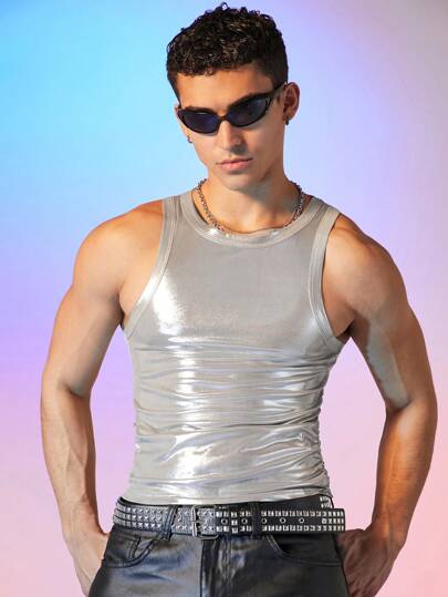 FeverCity 男女通用街头风格银色冰丝修身无袖短款上衣，时尚