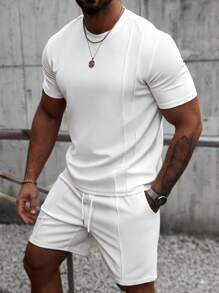 Manfinity CasualCool 男士夏季基本款纯色针织休闲圆领短袖两件套西装，适合日常休闲穿着，适合送给老公和男朋友的礼物，男士白色套装 - 白色 - 查看 3