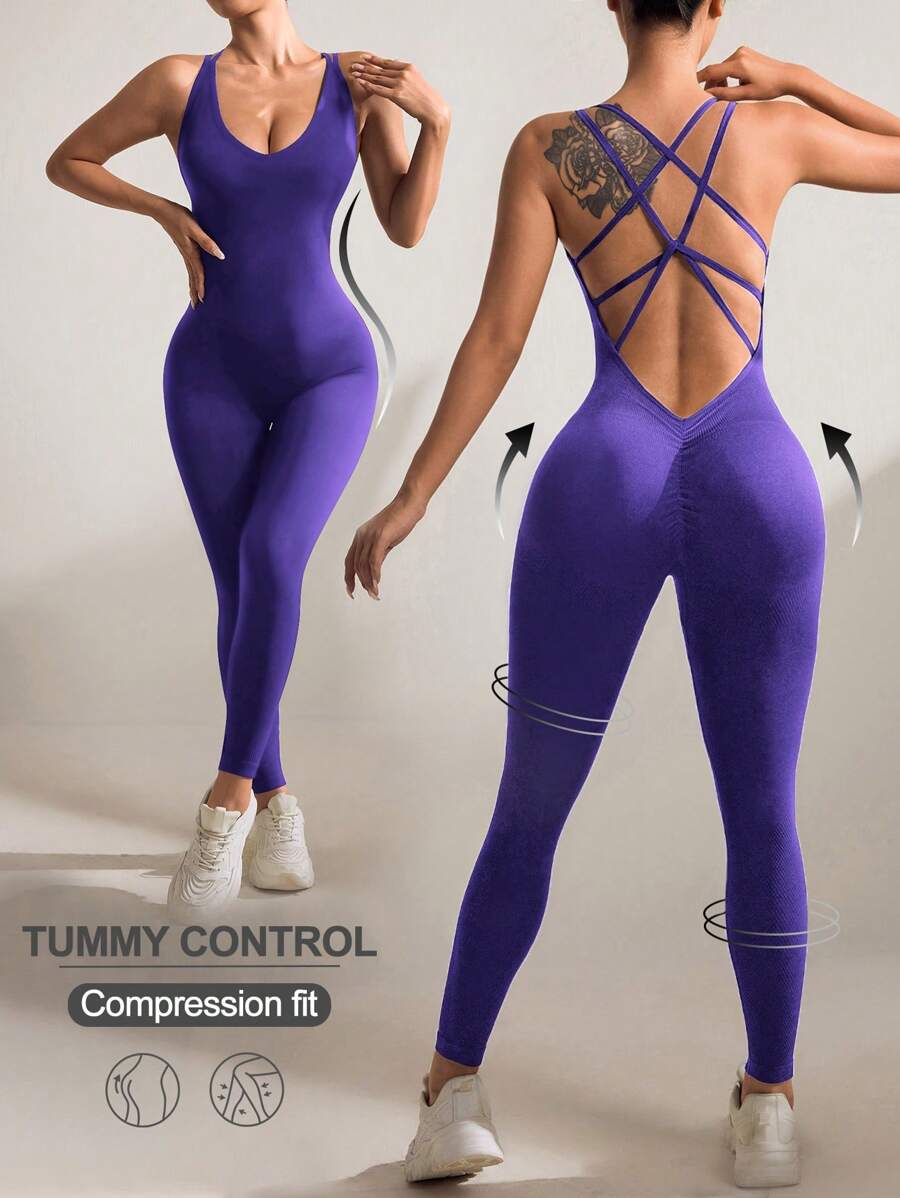 Easithlete 女士纯色露背交叉日常健身无袖连体裤 - 紫羅蘭色 - 查看 1