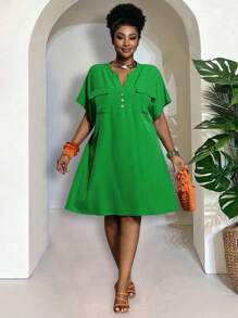 Slaydiva 2025 New Elegant Casual/Business Casual Women Shirt Dress With Pockets, V-Neck Loose Short Sleeve Mini Relaxed Dress - A