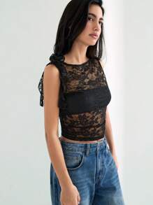 Maija 2025 Spring/Summer New Casual Elegant Fashion Lace Square Neck Women's Tank Top - Black - View 3