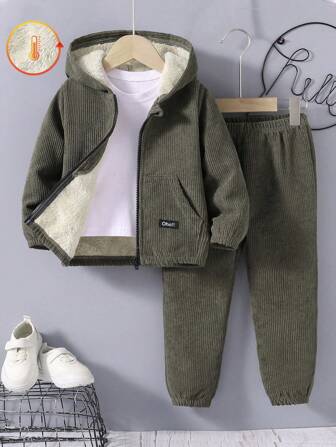 SHEIN Young Boy Letter Patched Thermal Lined Hooded Jacket & Pants Without Tee Chic Outfits For Autumn/Winter