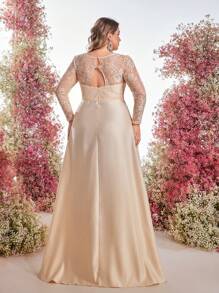 SHEIN Belle Vestido elegante de dama de honor con apliques de encaje en color dorado champán, tallas grandes - Champán - Ver 7