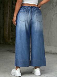 SHEIN EZwear Plus Size Women's Loose Fit Casual Beach Vacation Flared 7/8 Length Denim Pants, Blue - Light Wash - View 2