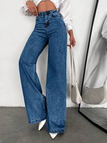 SHEIN Tall 100%Cotton HIGH WAIST WIDE LEG LONG HEM TALL JEAN - Medium Wash - View 6