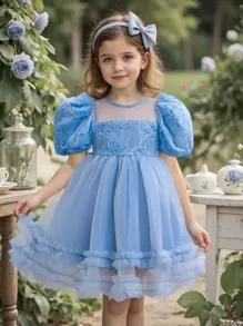 SHEIN Vestido casual de niña con tejido de unicolor y malla - Azul - Ver 1