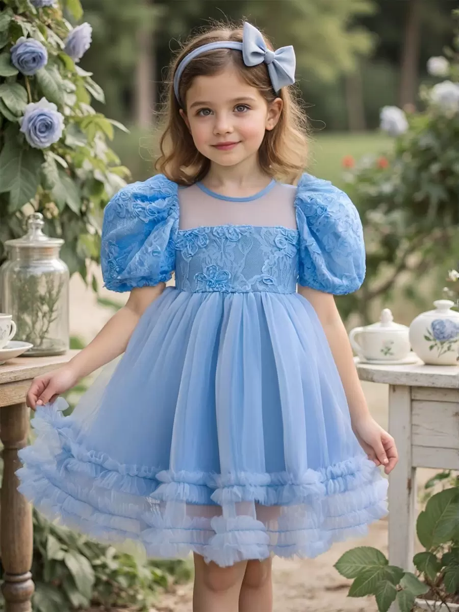 SHEIN Vestido casual de niña con tejido de unicolor y malla - Azul - Ver 1