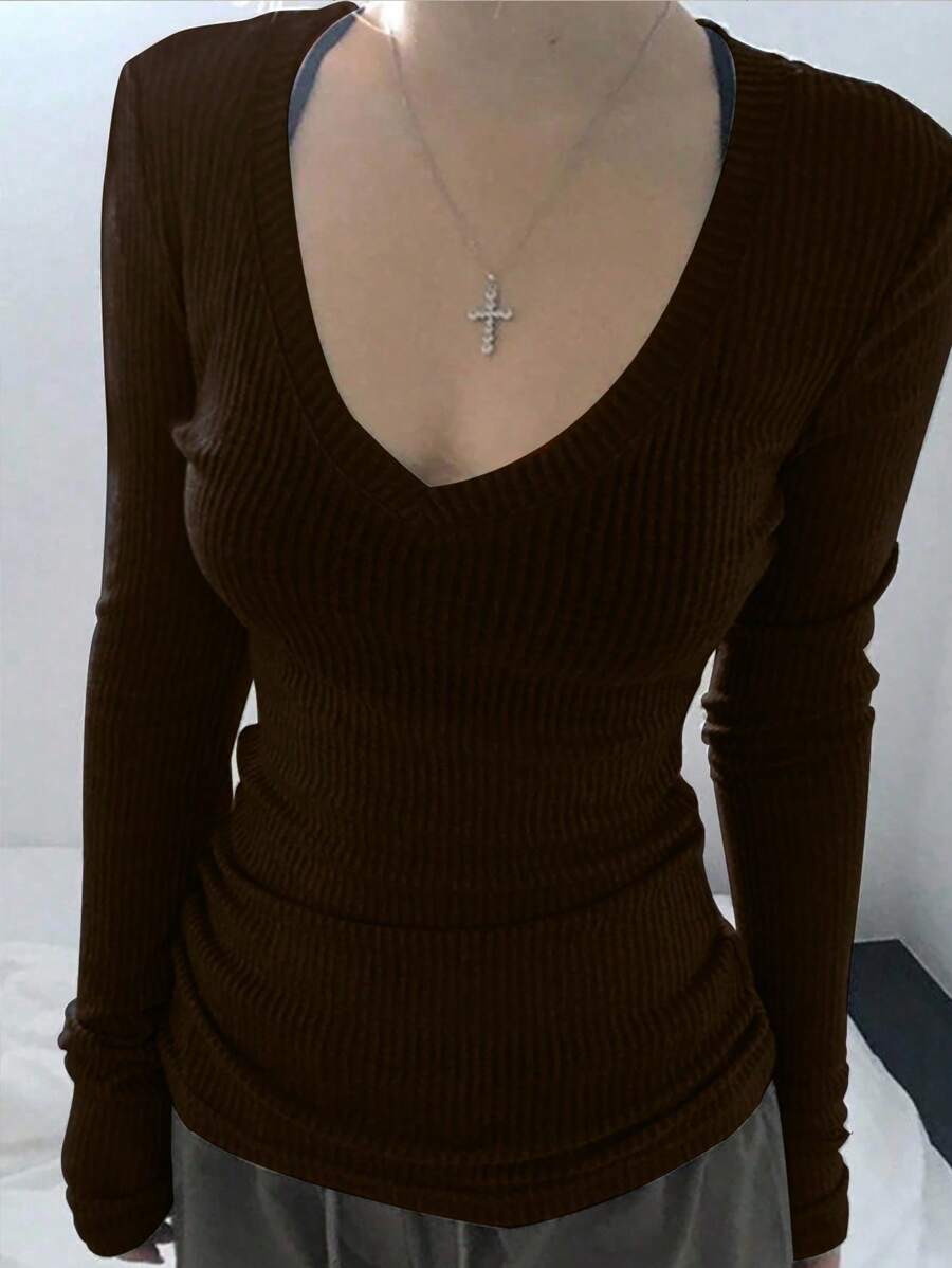 INAWLY 1pc Women's Solid Color V-Neck Raglan Long Sleeve Casual T-Shirt Fall Cloth For Women - Brown - View 1