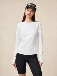 OutZeal 女士户外白色T恤 徒步健身上衣 长袖 防紫外线 凉爽触感 侧边褶皱抽绳带拇指孔