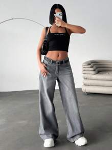 EURMUSE Quần Jeans Ống Rộng Cạp Thấp Chi Tiết - Xám - Xem 3