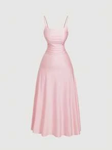 SHEIN MOD 大码女式纯色褶皱腰喇叭下摆细肩带连衣裙、半正式连衣裙、优雅茶会礼服、飘逸巡航女士服装 女士正式舞会礼服 女士正式礼服 女士优雅正式礼服 女士长裙 女士舞会礼服 女士正式舞会礼服 女士婚礼宾客礼服 女士舞会礼服 女士正式