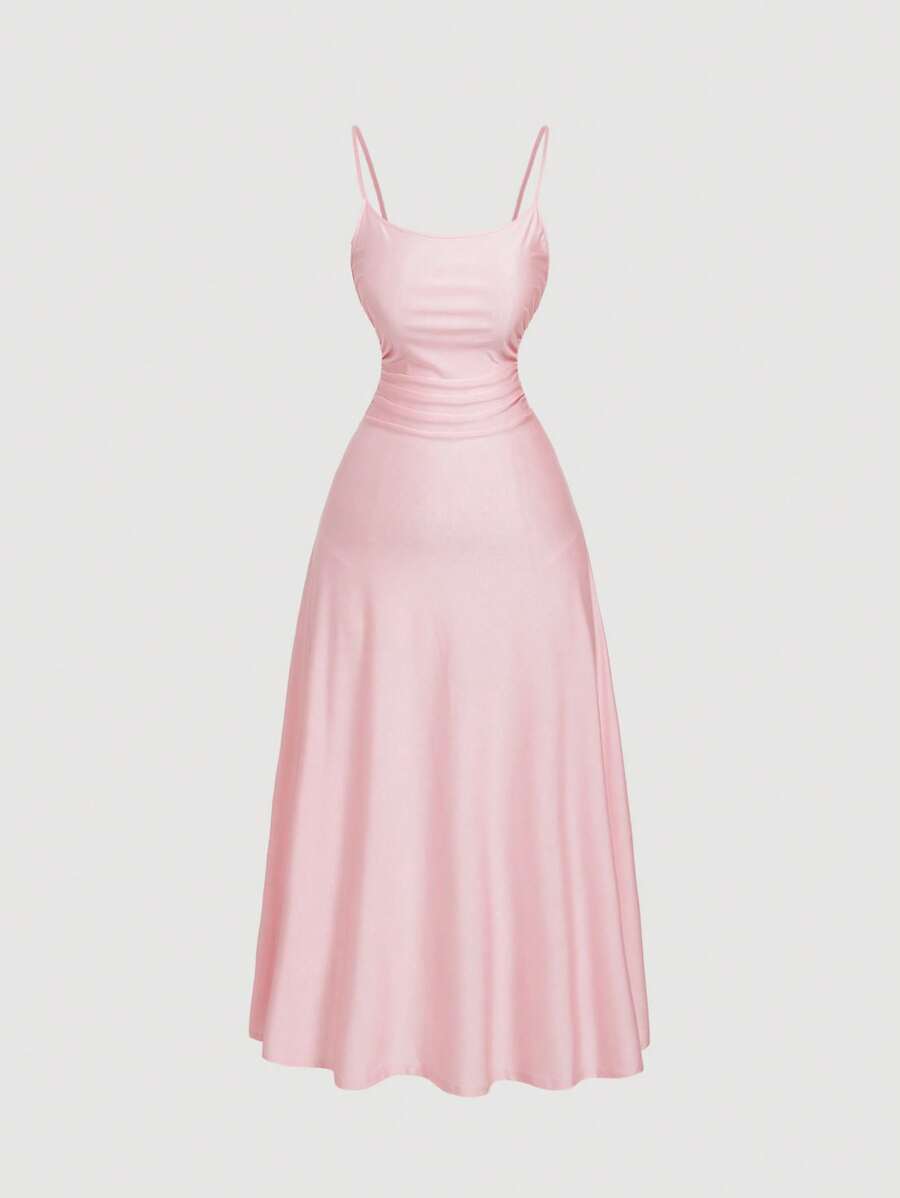 SHEIN MOD 大码女式纯色褶皱腰喇叭下摆细肩带连衣裙、半正式连衣裙、优雅茶会礼服、飘逸巡航女士服装 女士正式舞会礼服 女士正式礼服 女士优雅正式礼服 女士长裙 女士舞会礼服 女士正式舞会礼服 女士婚礼宾客礼服 女士舞会礼服 女士正式