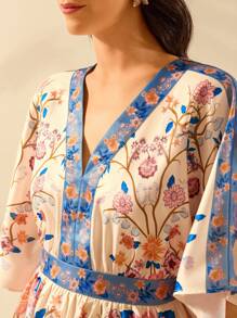 CAJUNI 女式波西米亚风热带花卉印花度假休闲夏季海滩深 V 领宽松短裙 - 彩色 - 查看 4
