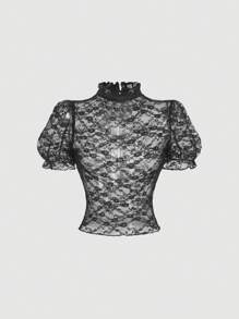 SHEIN MOD 复古浪漫透明蕾丝荷叶边衬衫 - 黑色 - 查看 1