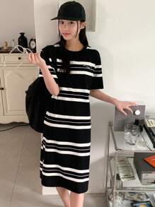 DAZY Tween Girl Letter Striped Round Neck Short Sleeve Casual Long Dress - Black and White - View 4