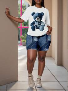 Slaydiva Set de 2 piezas para mujer de talla grande con camiseta de manga corta con estampado de oso de dibujos animados y pantalones cortos estampados, conjunto casual de verano