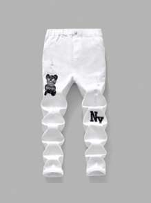 Teenager Boys' Slim Fit White Distressed Washed Denim Jeans With English Text & Bear Graphic Print, Casual & Fashionable For Daily Wear - White - View 1