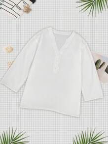 SHEIN Plus Size Solid Color Long Sleeve Shirt, Minimalist And Fashionable, Suitable For Summer - White - View 3