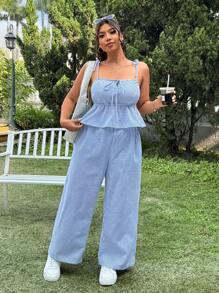 SHEIN EZwear 2 件大码夏季休闲度假露肩条纹系带短款吊带背心上衣和高腰阔腿条纹裤套装 - 淺藍色 - 查看 1