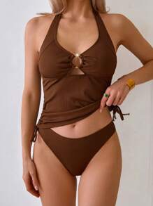 SHEIN Swim 女式常规 2 件套简约纯色休闲比基尼套装，适合夏季 - 咖啡棕 - 查看 2