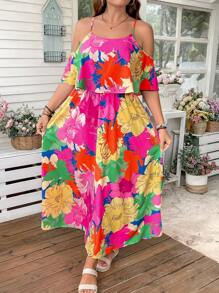 SHEIN LUNE Vestido holgado de talla grande con estampado floral vibrante, atuendos de primavera románticos, atuendos de verano para mujeres, atuendos para brunch, atuendos para el Día de la Madre, atuendos para la iglesia para mujeres - Multicolor - Ver 6