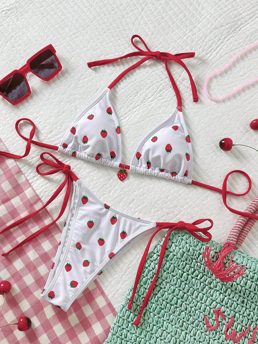Swim Mod Women's Refreshing Strawberry Print Halter Sexy Fashion Bikini Set - Yellow - View 1