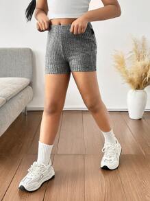 青少年女孩罗纹针织紧身短裤打底裤，浅灰色，返校季，母子装 - 淺灰色 - 查看 4