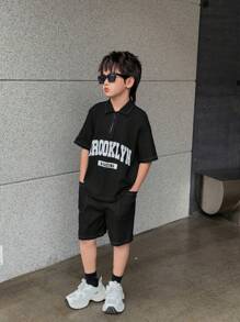Tween Boy Casual Loose Korean Style Solid Color Letter Print Short Sleeve Polo Shirt With Drawstring Waist Shorts Set, Suitable For Spring/Summer Daily Wear, School, Travel And Sports