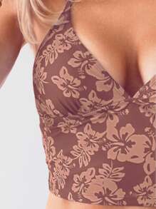 SHEIN Swim 女式花卉印花吊带背心两件套泳衣套装，随机印花 - 乾枯玫瑰色 - 查看 4