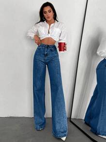 SHEIN Tall 100%Cotton HIGH WAIST WIDE LEG LONG HEM TALL JEAN - Medium Wash - View 4