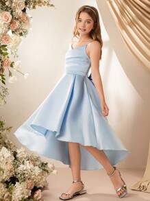 Robe demoiselle d'honneur pour préadolescentes à col en V sans manches avec grand nœud au dos, coupe évasée, courte devant longue derrière, robe de demoiselle d'honneur de luxe pour mariage, anniversaire, représentation - Bleu azur - Voir 8