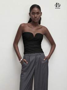 BizChic 女士纯色褶皱无袖吊带背心，优雅浪漫休闲日常穿着，简约时尚基本款商务休闲衬衫，Y2K 街头潮流 - 黑色 - 查看 6