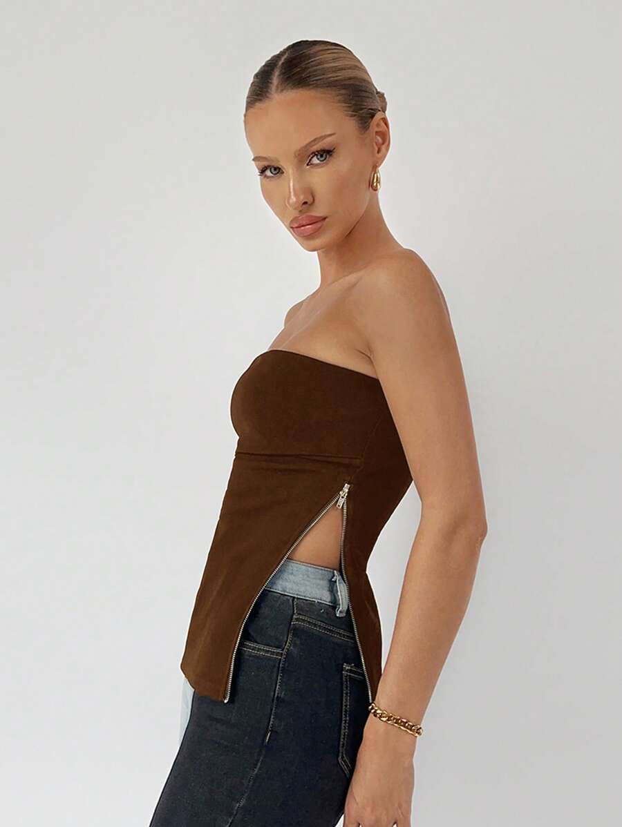 Maija Top de tirantes sin mangas de color café 2025 verano nuevo para dama, con cremallera lateral, apropiado para uso empresarial y casual diario, elegante, para resorts de playa, invitados de boda, fiestas de cóctel, campo, festivales de música, desayunos, almuerzos, aeropuerto, con estilo retro de los 90s de Estocolmo, Día de la Independencia de Estados Unidos