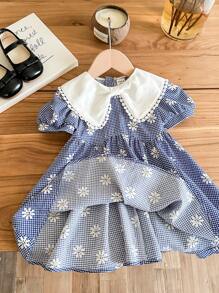 SHEIN LMoss Kids Gaun Berkerah Motif Bunga Kotak-kotak Lucu untuk Bayi Perempuan, Musim Panas - Biru - View 4