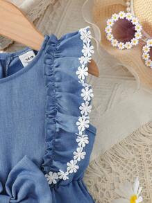 SHEIN Playful Pals 女宝宝牛仔蓝色时尚简约 3D 蝴蝶结连体衣 - 藍色 - 查看 6