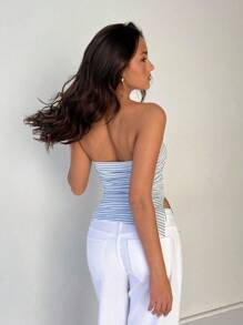 SHEIN EZwear 女式條紋不對稱露肩上衣，帶露背設計和斜分裂，時尚簡約 - 藍色 - 查看 5