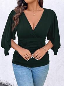 SHEIN Unity Áo phông tay lửng màu trơn thanh lịch cỡ lớn mùa xuân/hè có chi tiết nhún bèo - Màu xanh lá cây đậm - Xem 1