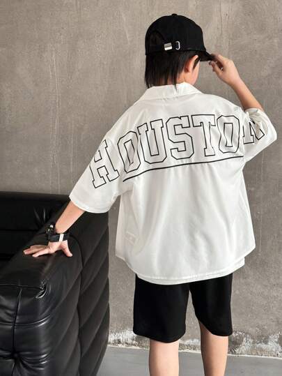 SHEIN Little Byeori Tween Boys 韩版宽松休闲学院风舒适时尚简约百搭柔软短袖 Polo 衫，带大标志，适合秋季、春季、夏季、日常穿着、户外活动、学校、街头风格、派对和居家