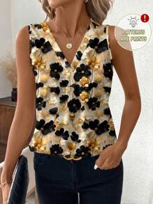 SHEIN Clasi 浪漫 3D 花卉印花 V 领无袖修身女式衬衫花朵上衣女士服装夏季