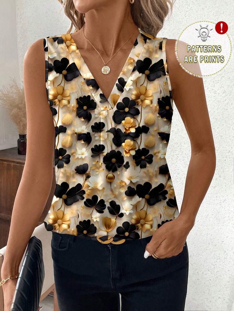 SHEIN Clasi 浪漫 3D 花卉印花 V 领无袖修身女式衬衫花朵上衣女士服装夏季