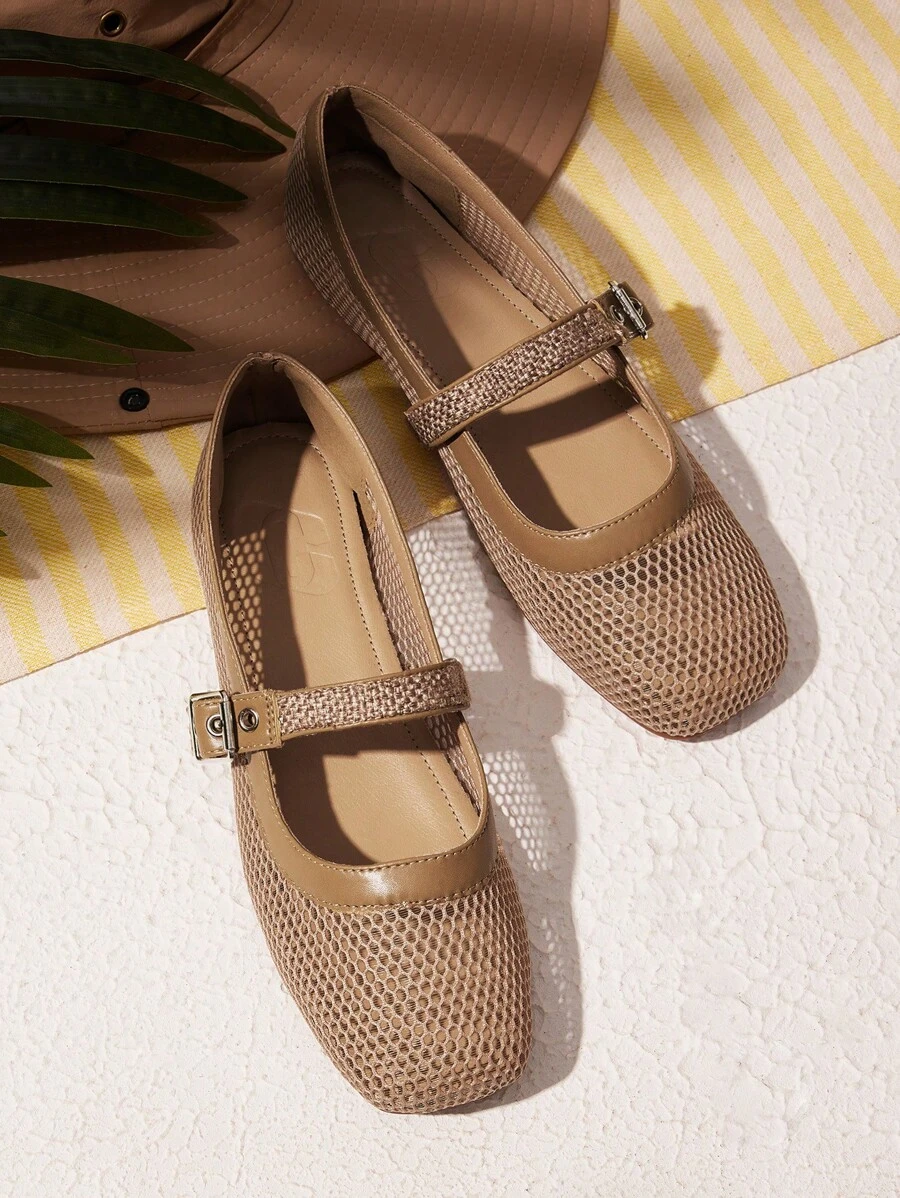 Styleloop Chaussures plates à bout rond pour femme, tige en maille tissée beige, design minimaliste à la mode, confortables et respirantes, fermeture auto-agrippante - Vert olive - Voir 1