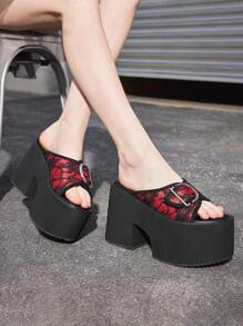 Sugerpunk Ladies' Fashion Buckle Thick Sole Sandals - Punk Style Casual Open Toe Platform Shoes For Summer - Comfortable Breathable Easy Slip-On - Red - View 1