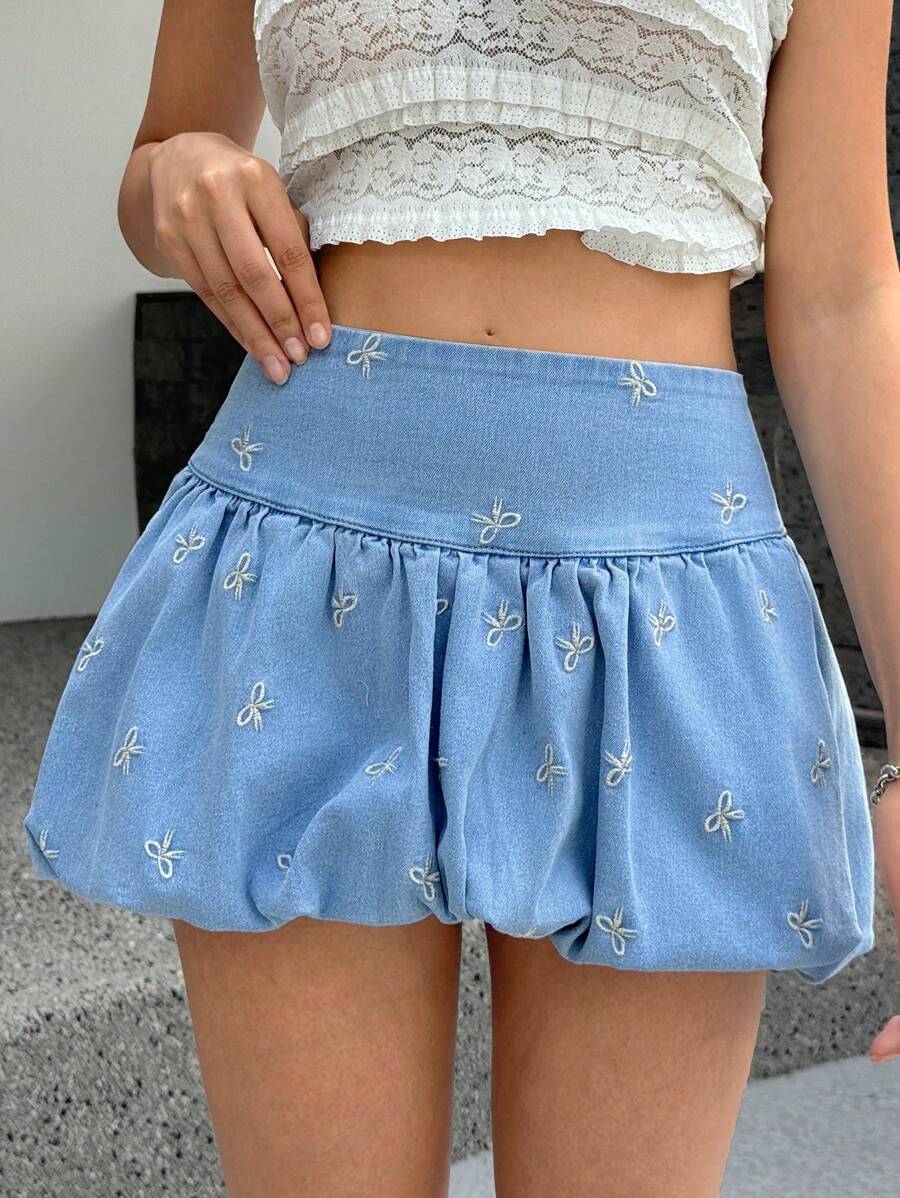 SHEIN EZwear Women's Butterfly Embroidery Denim Short Flared Skirt